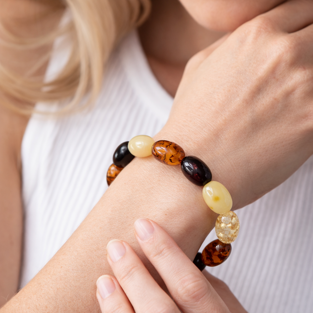 Genuine Baltic Amber Perfect Oval Chunk Stretch Bracelet – Multi-Color