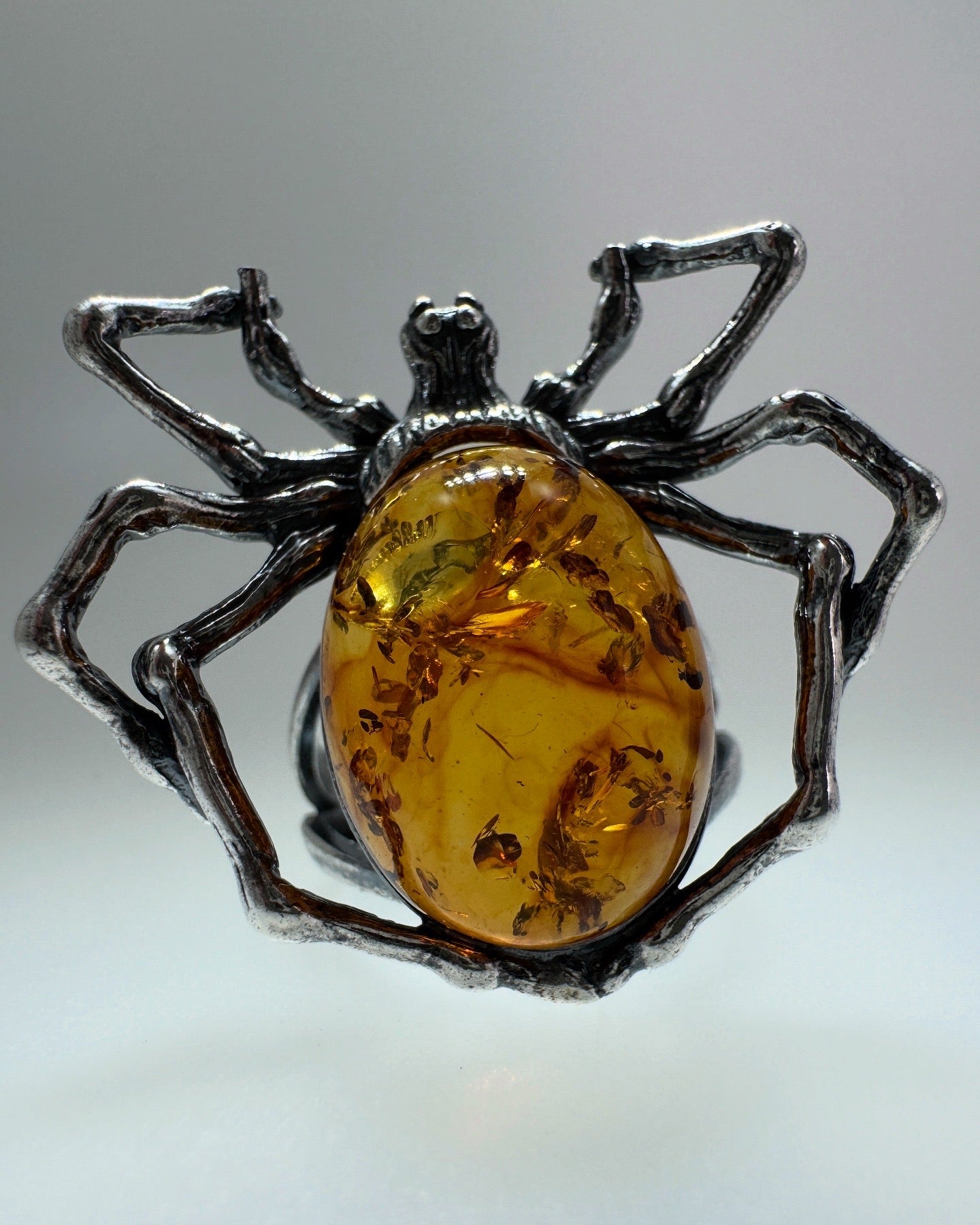 Sterling Silver Spider Ring with Honey Baltic Amber – Oxidized Finish, Handmade & Adjustable