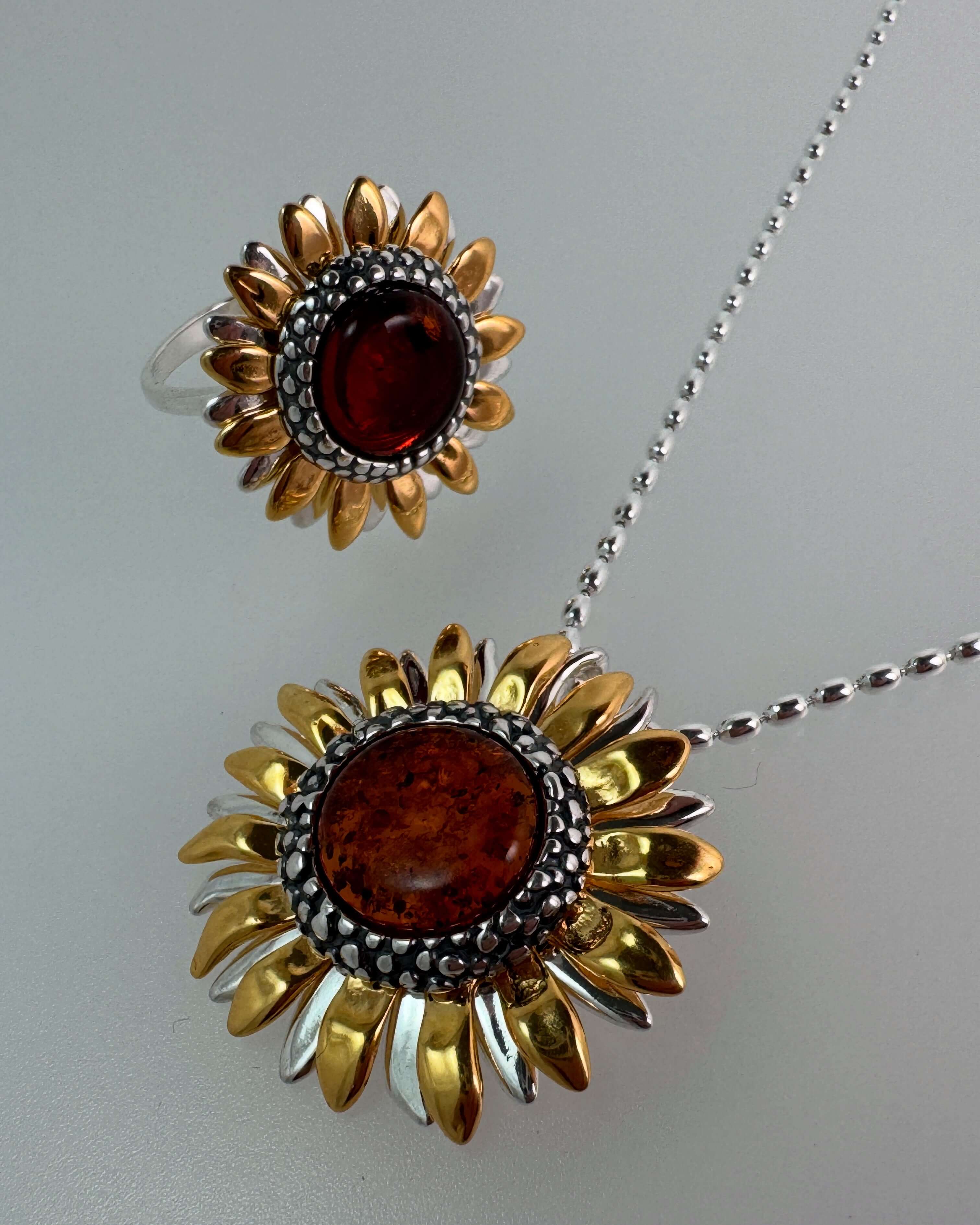 Genuine Baltic Amber Sunflower Jewelry Set - Mixed Silver & Gold Plated Sterling Silver