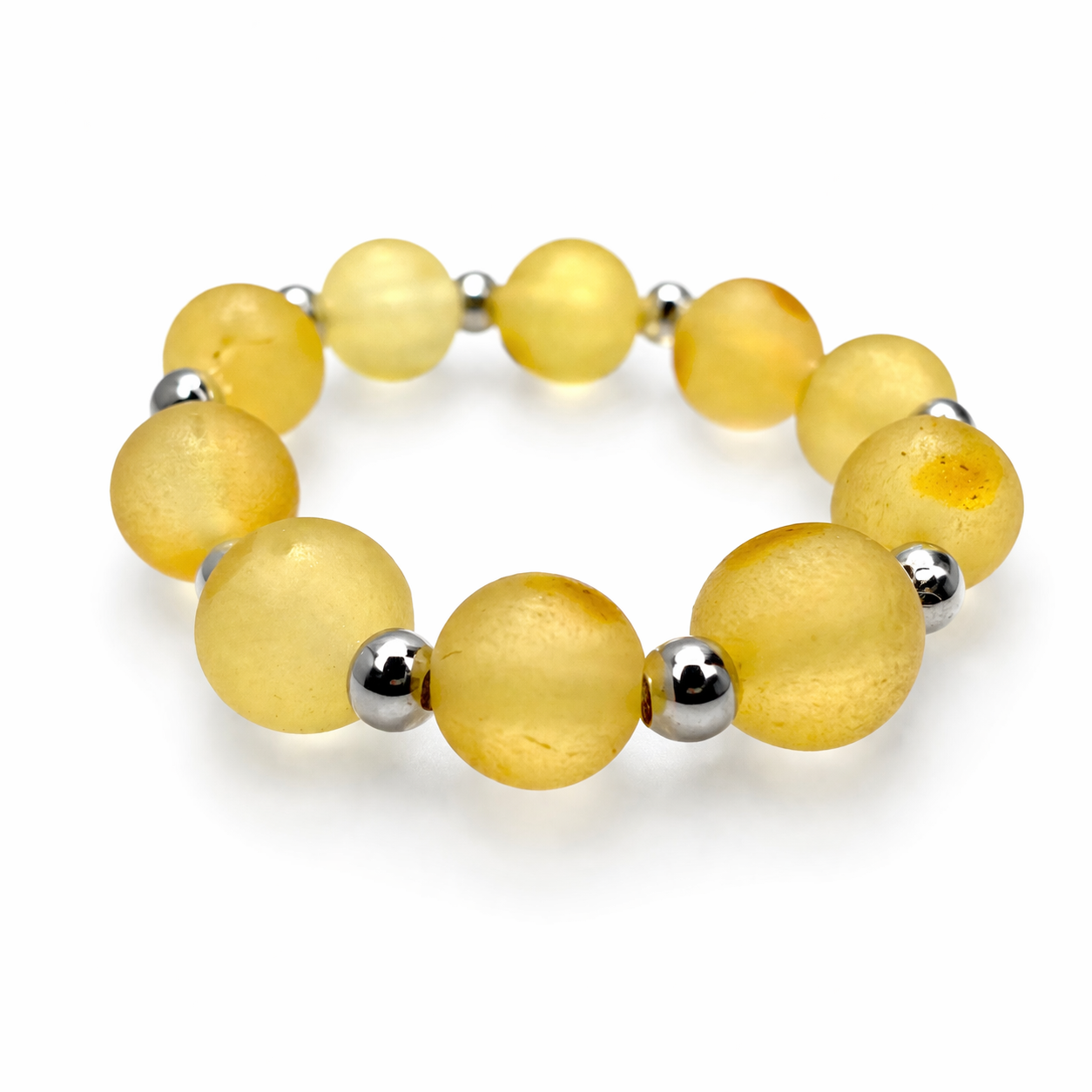 Genuine Baltic Amber Ball Stretch Ring – Multicolor Lemon & Honey or Matte Lemon – 5 mm Amber Beads – Adjustable Fit