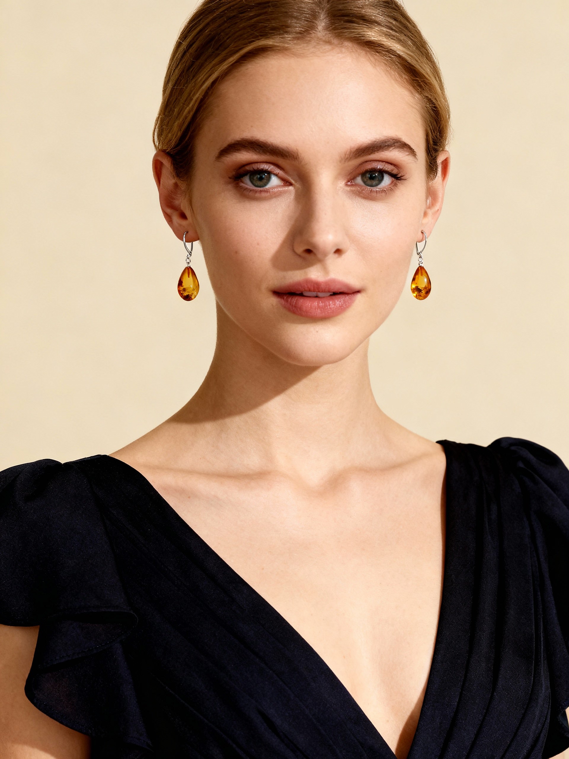 Genuine Baltic Amber Teardrop Drop Earrings - Cognac Color-Sterling Silver Lever Backs