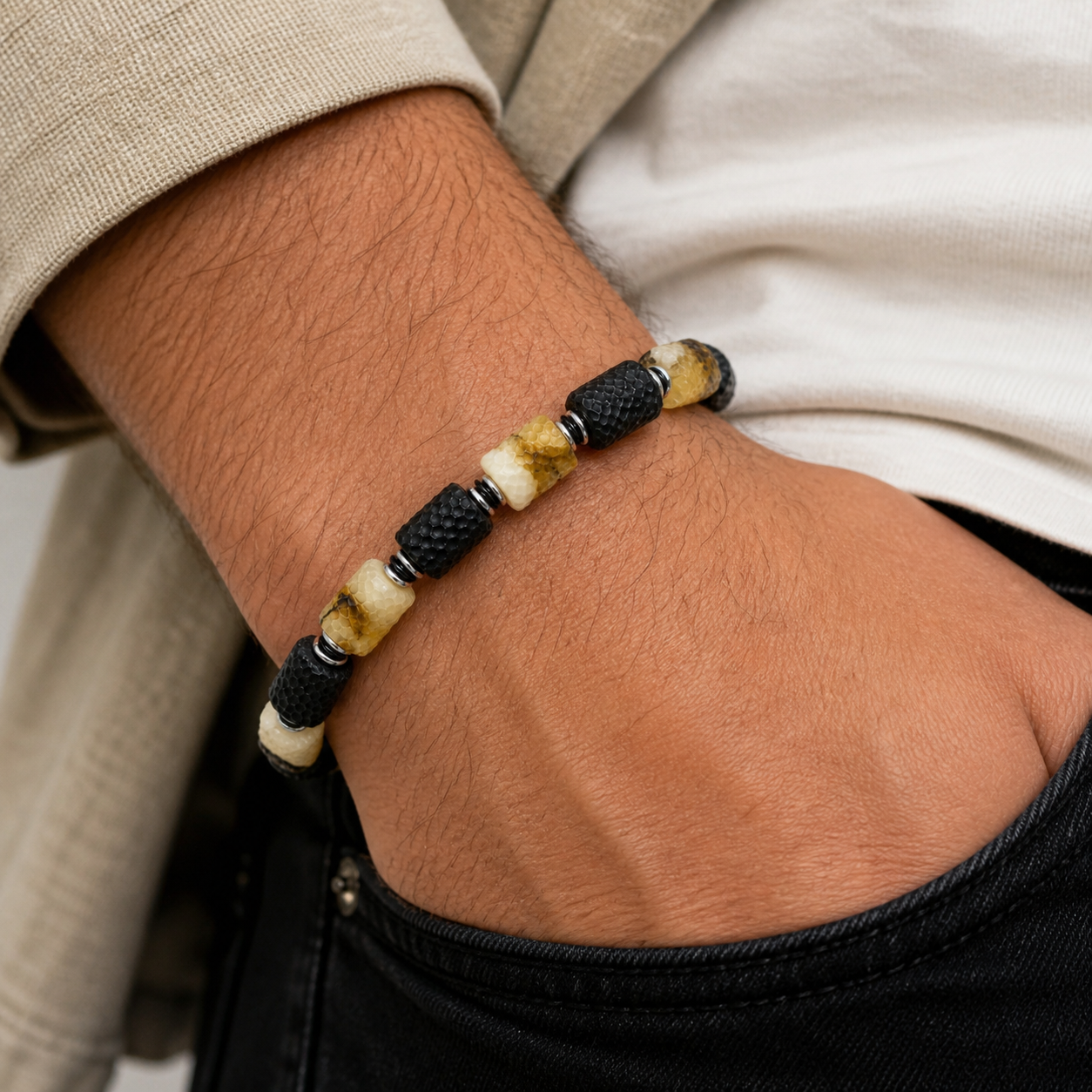 Extremely Rare Handmade in Poland Baltic Amber Men’s Bracelet – Snakeskin Pattern, Two Designs Available