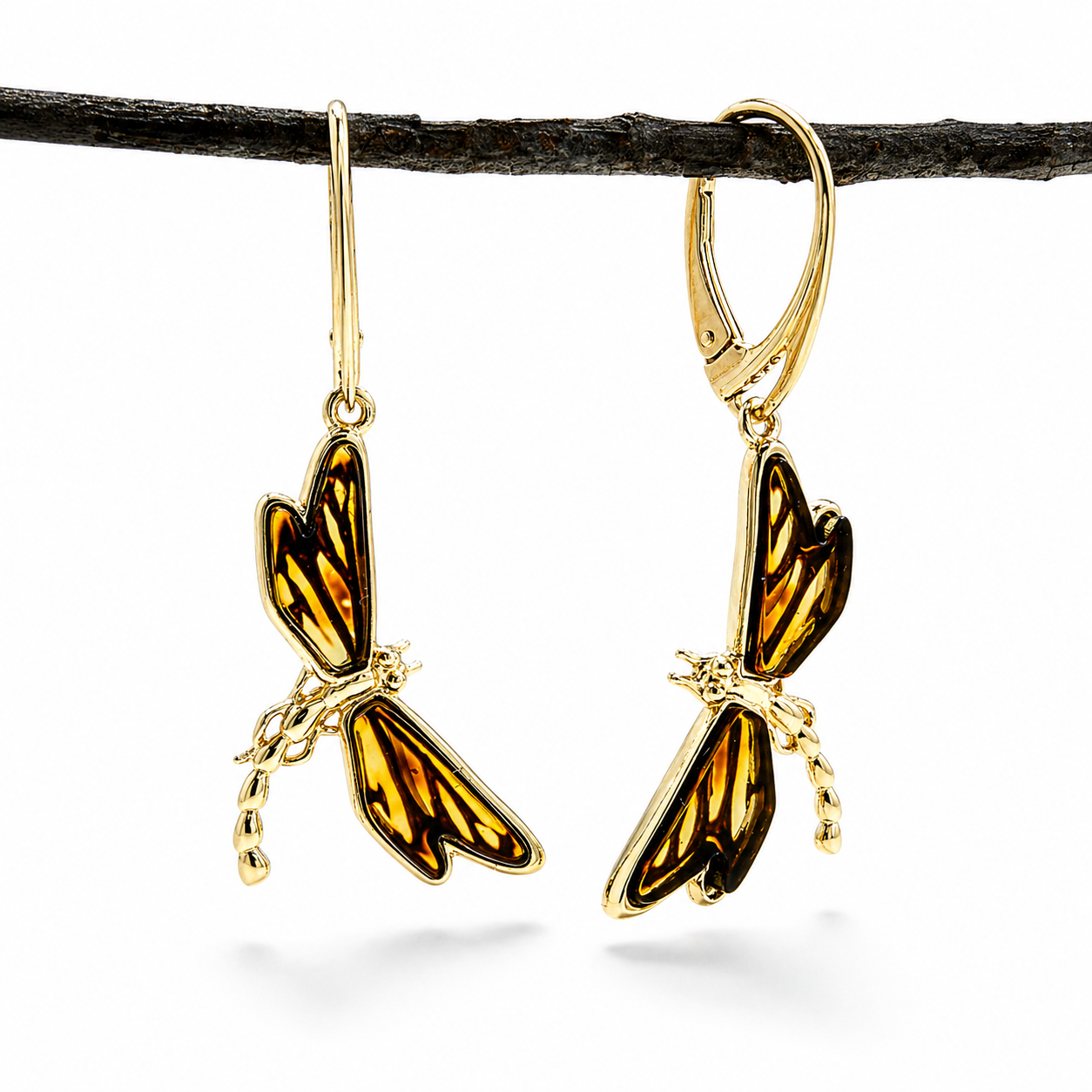 Baltic Amber Dragonfly Earrings, Gold Plated Sterling Silver Lever Back, Hand Etched Amber Wings, Handmade in Poland Drop Earrings