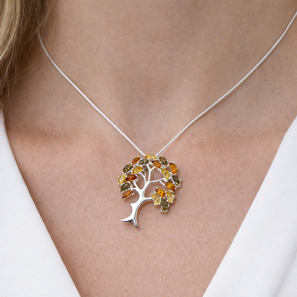 Sterling Silver Multicolor Baltic Amber Tree of Life Pendant on Silver Chain