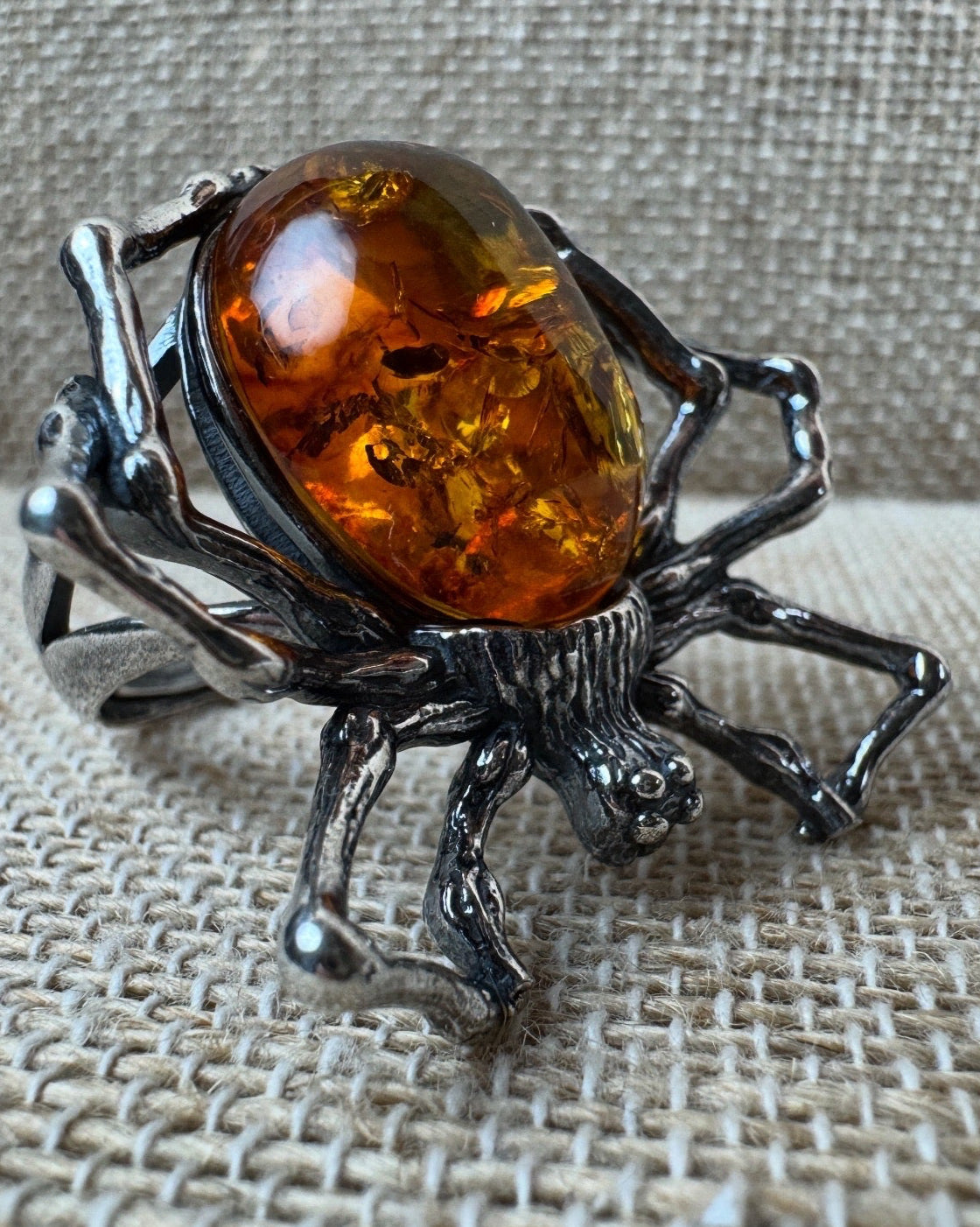 Sterling Silver Spider Ring with Honey Baltic Amber – Oxidized Finish, Handmade & Adjustable