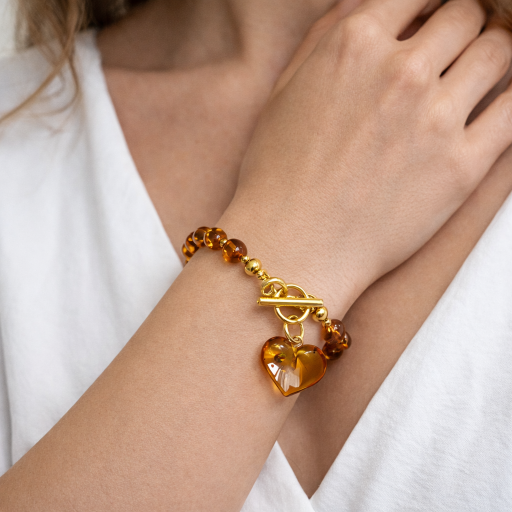 Handmade Honey Baltic Amber Bead Bracelet with Heart Charm – Genuine Baltic Amber & Gold Plated Sterling Silver Toggle