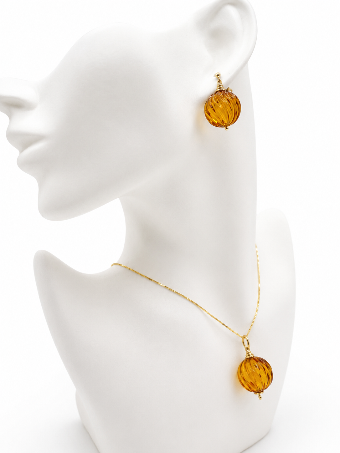 Rare Faceted Baltic Amber Pendant & Earrings Set – 14K Gold
