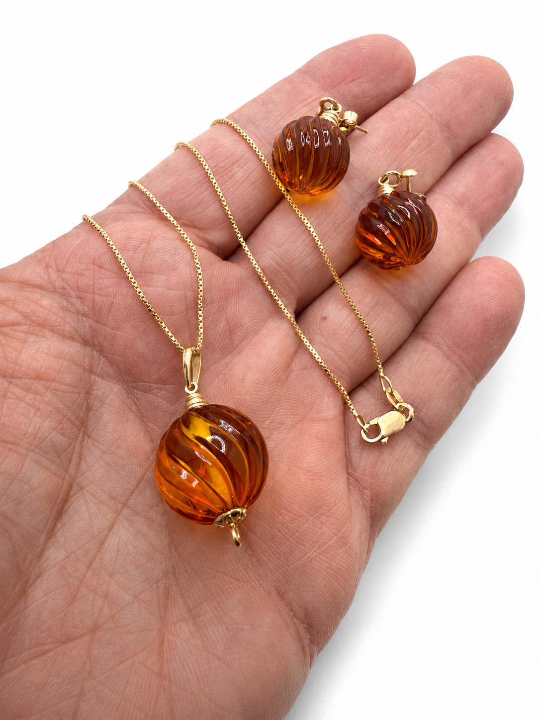 Rare Faceted Baltic Amber Pendant & Earrings Set – 14K Gold