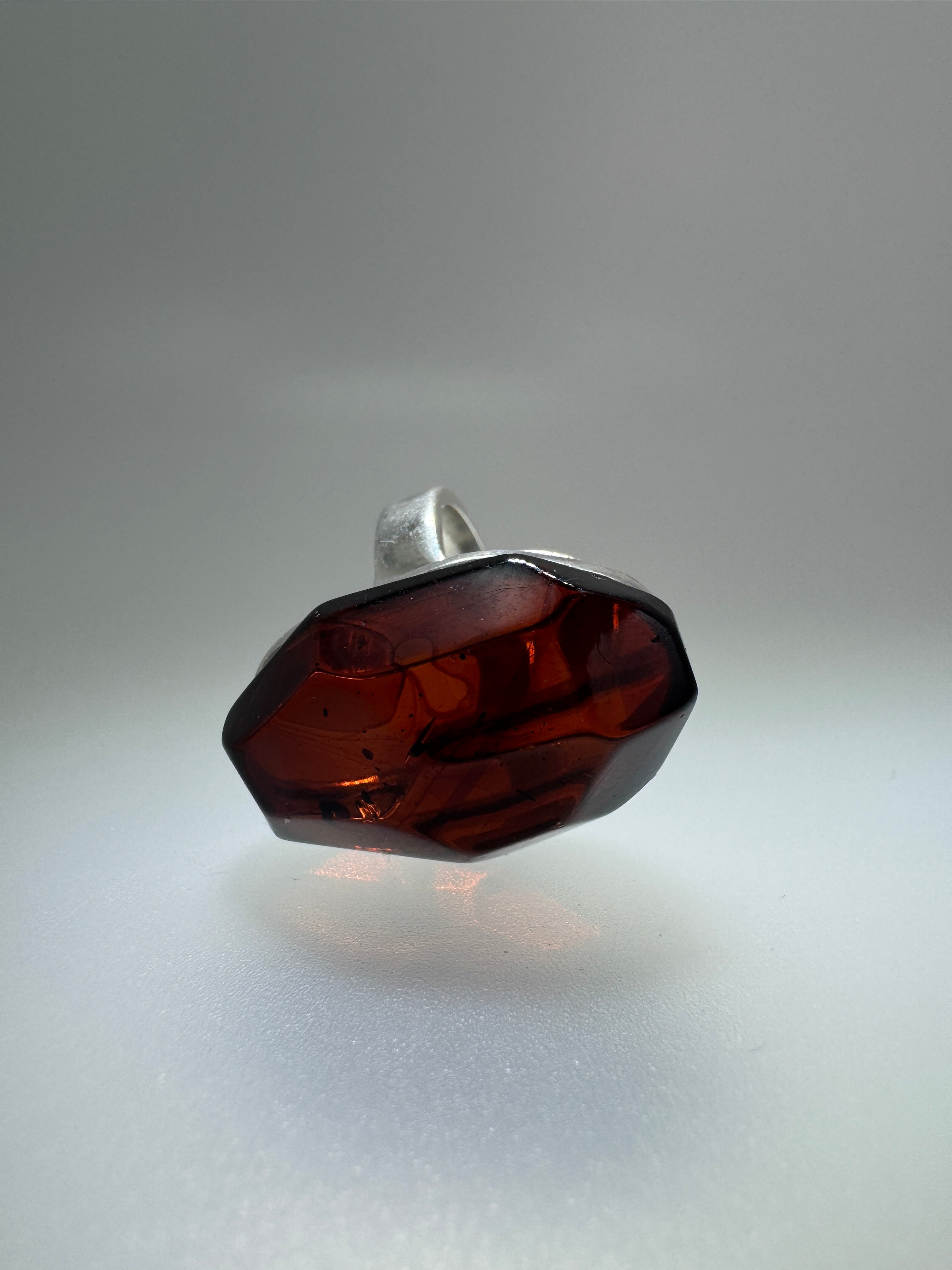 Faceted Cherry Baltic Amber Ring Handmade in Poland | 925 Sterling Silver Adjustable Ring | Genuine Amber Gemstone Statement Ring