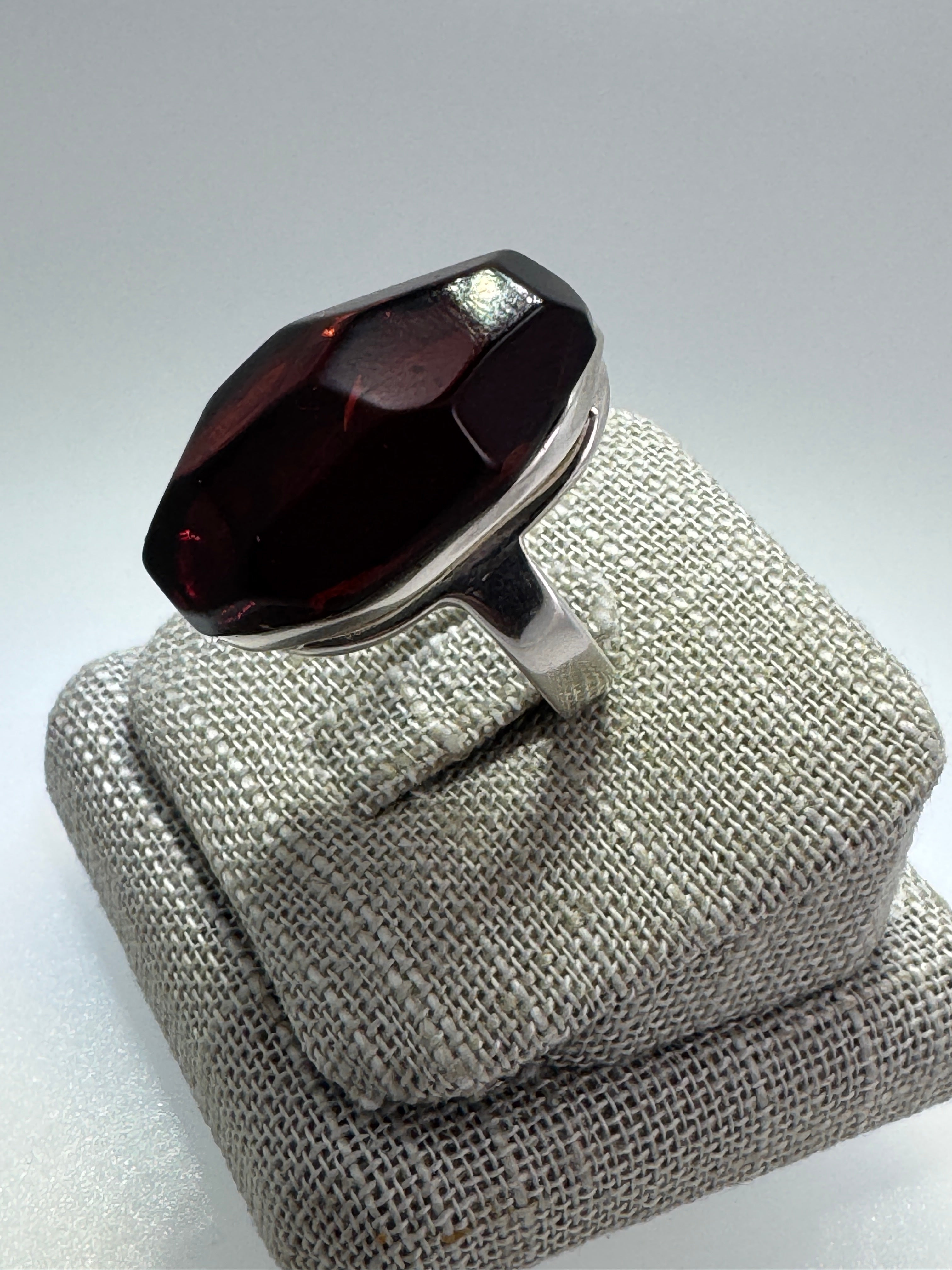 Faceted Cherry Baltic Amber Ring Handmade in Poland | 925 Sterling Silver Adjustable Ring | Genuine Amber Gemstone Statement Ring
