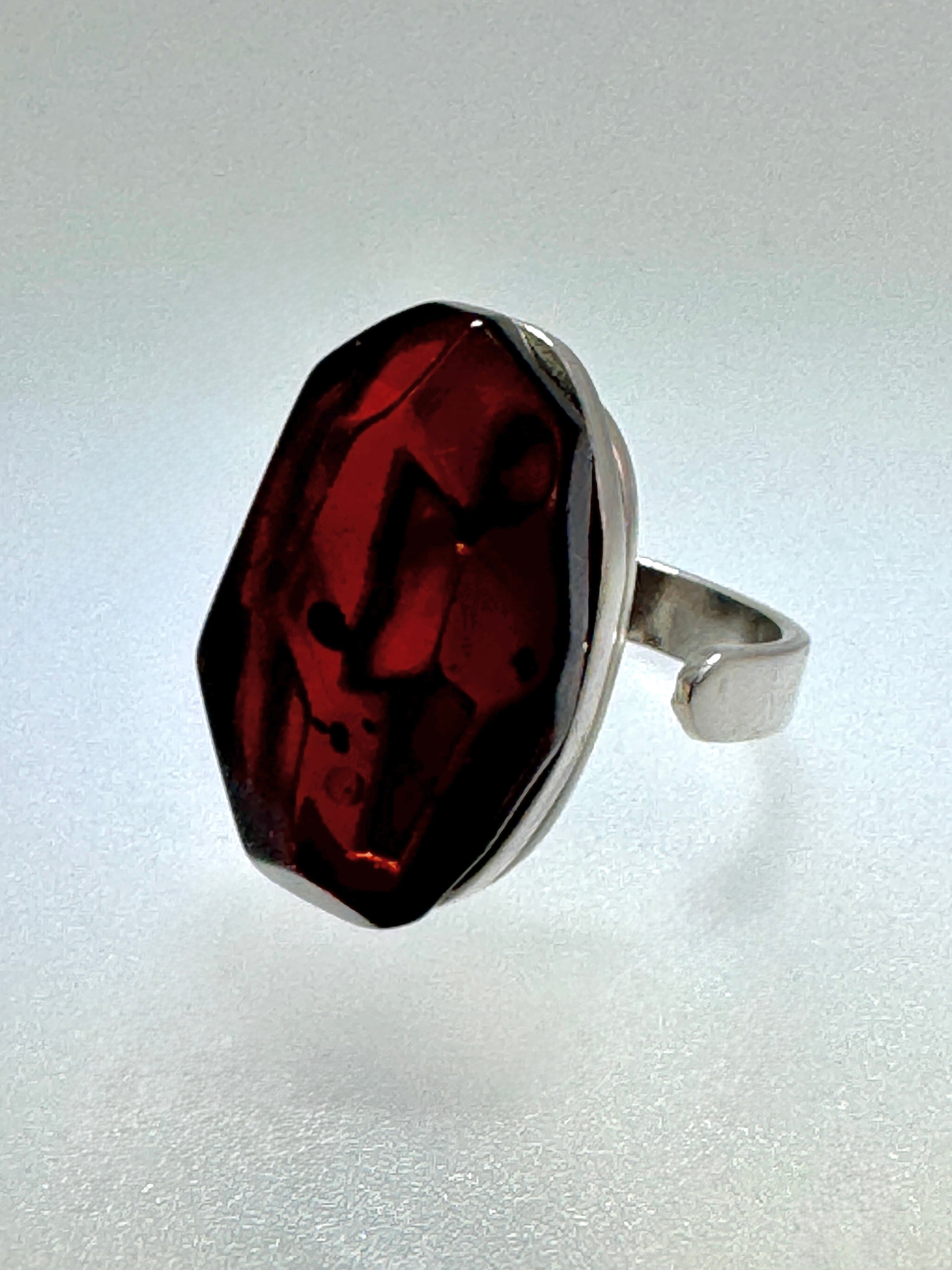 Faceted Cherry Baltic Amber Ring Handmade in Poland | 925 Sterling Silver Adjustable Ring | Genuine Amber Gemstone Statement Ring