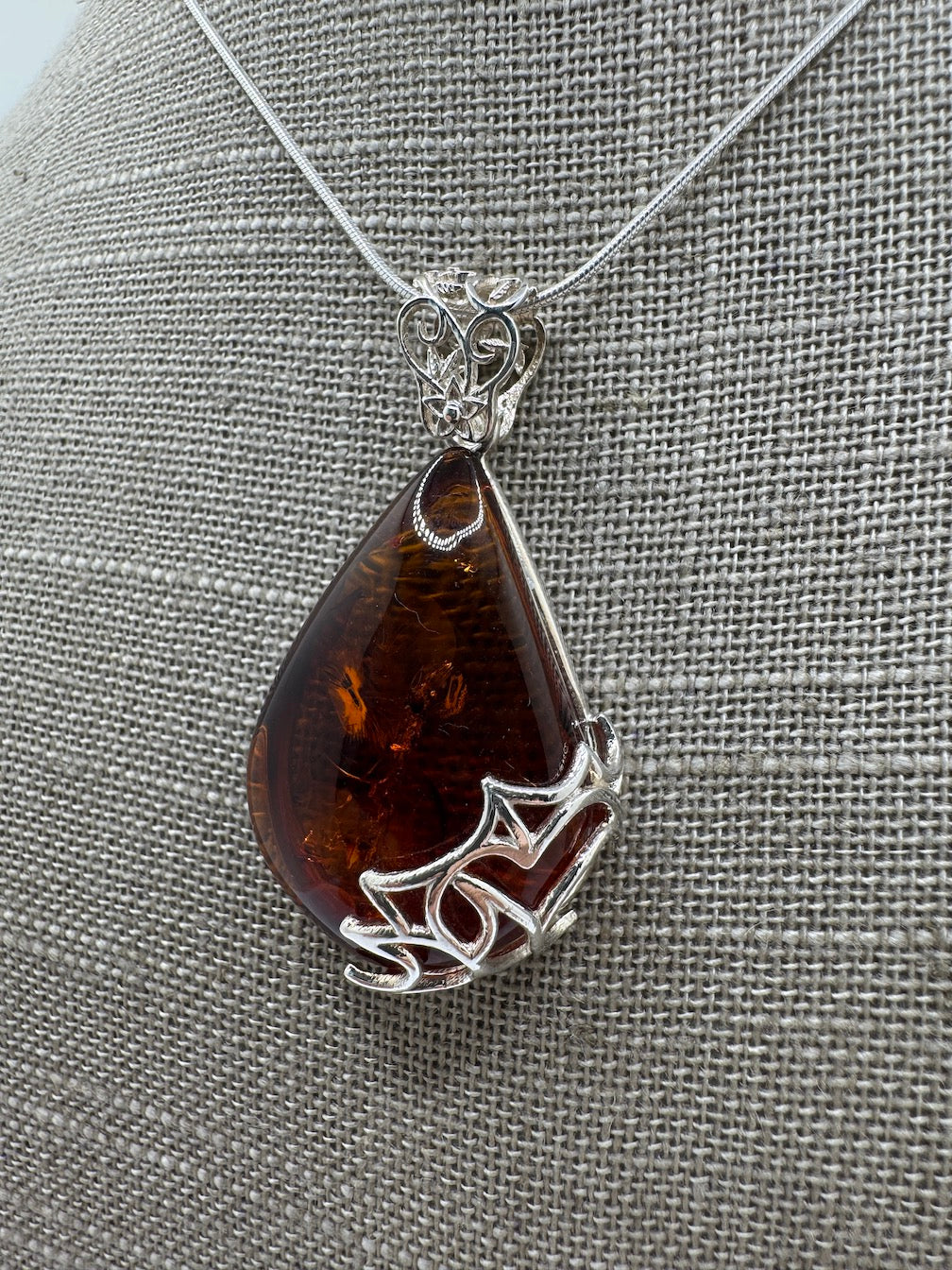 Filigree Cognac Baltic Amber Pendant Necklace Sterling Silver – Genuine Amber on Sterling Snake Chain