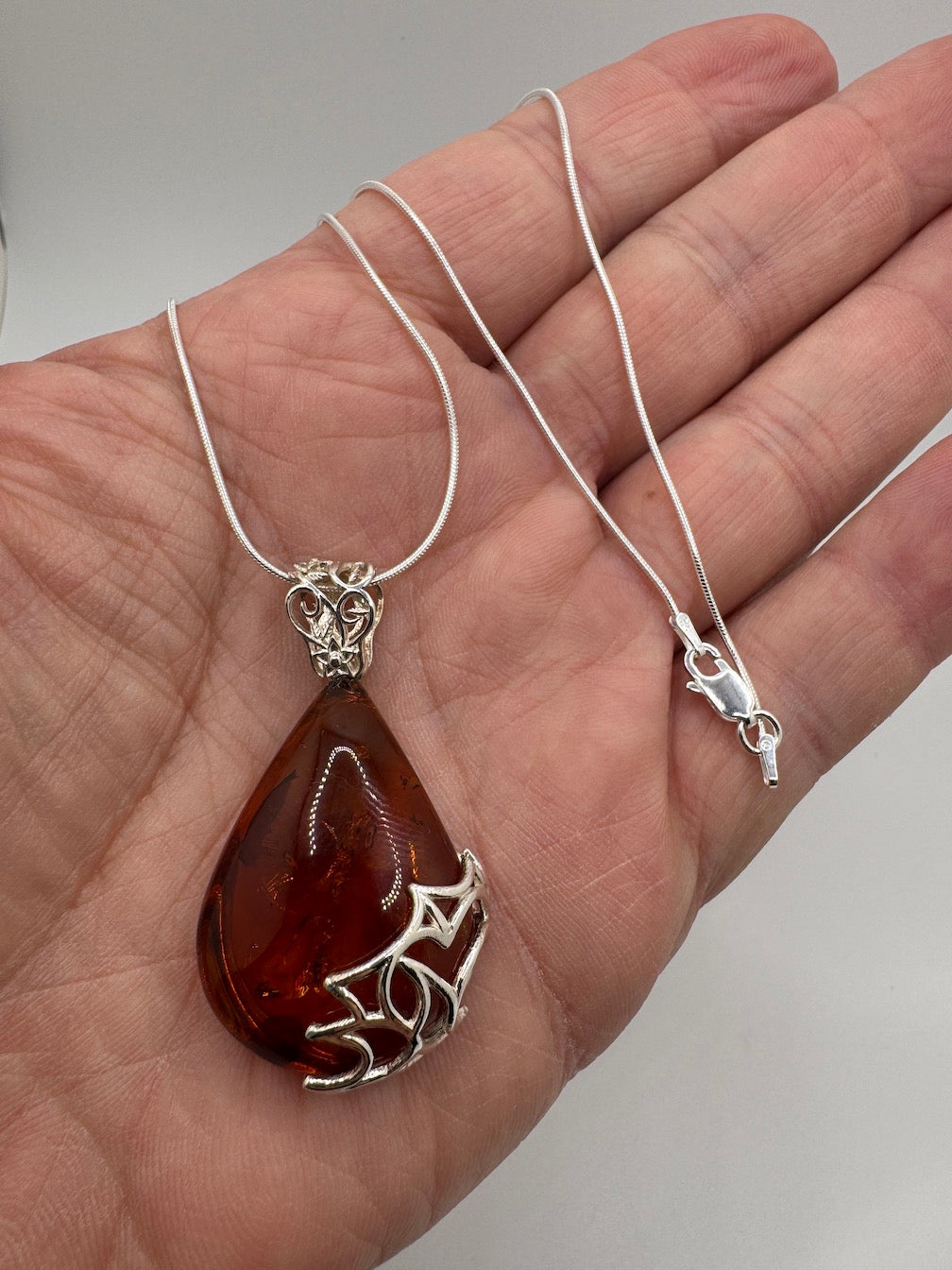 Filigree Cognac Baltic Amber Pendant Necklace Sterling Silver – Genuine Amber on Sterling Snake Chain