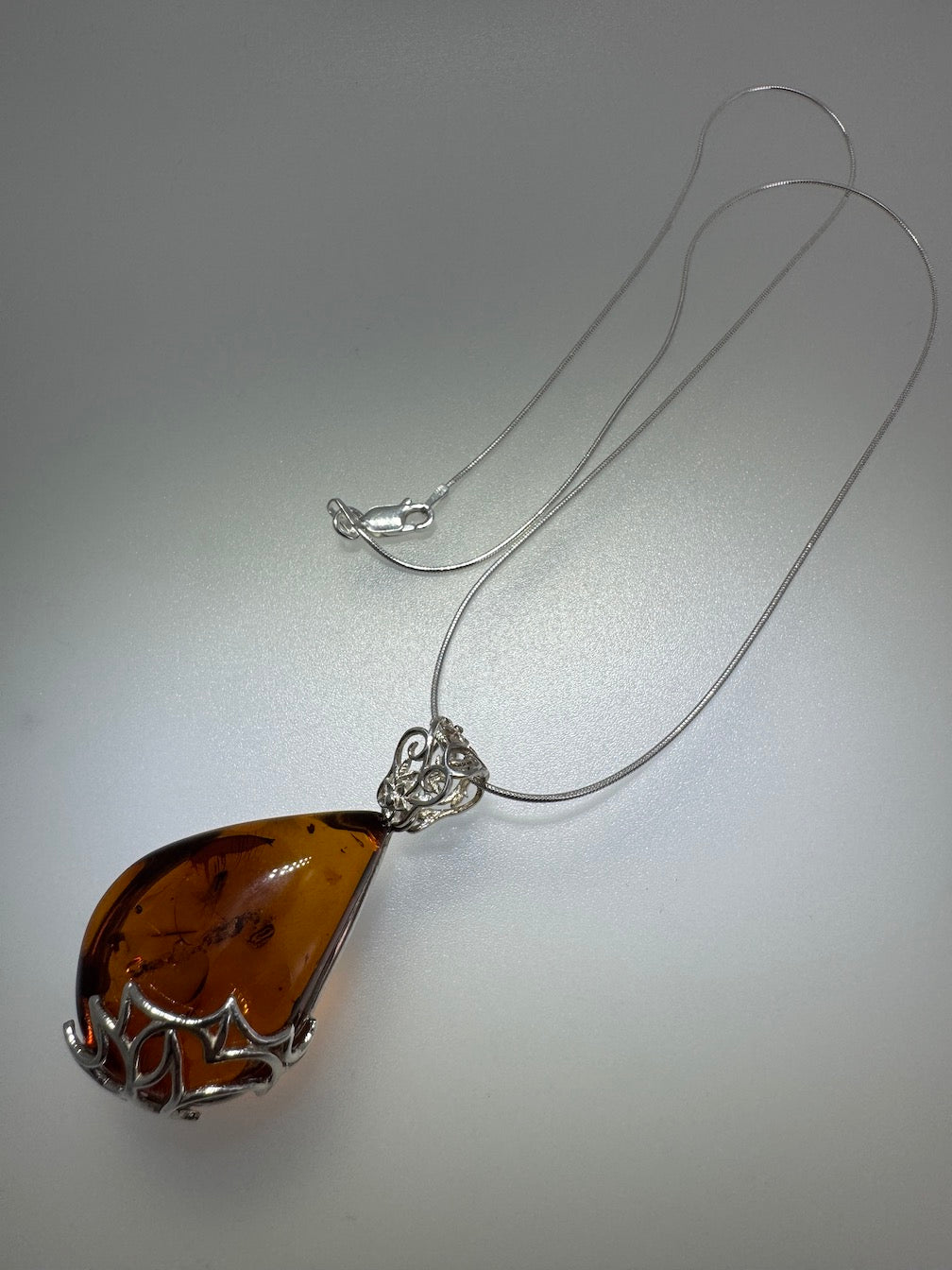 Filigree Cognac Baltic Amber Pendant Necklace Sterling Silver – Genuine Amber on Sterling Snake Chain