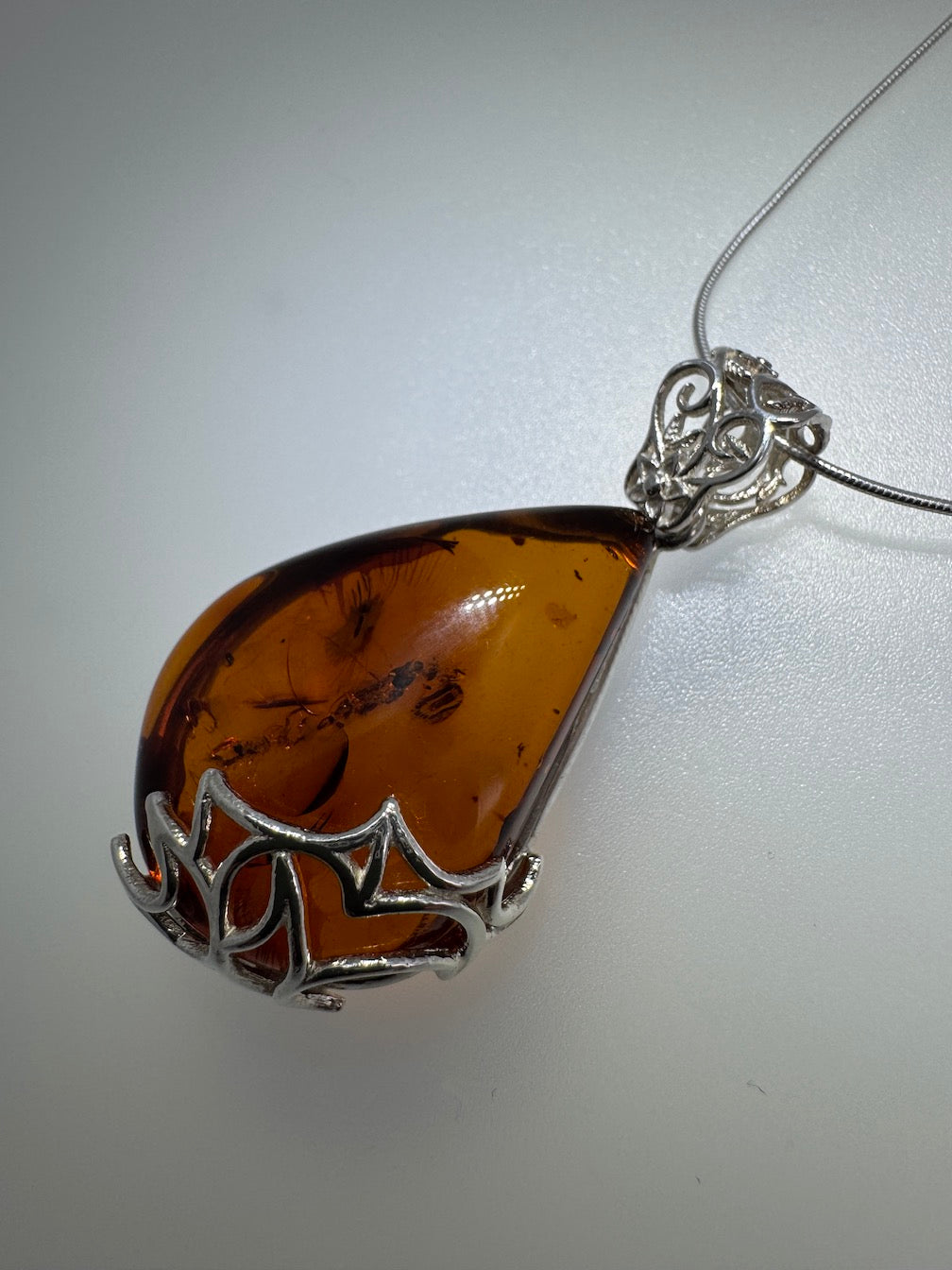 Filigree Cognac Baltic Amber Pendant Necklace Sterling Silver – Genuine Amber on Sterling Snake Chain