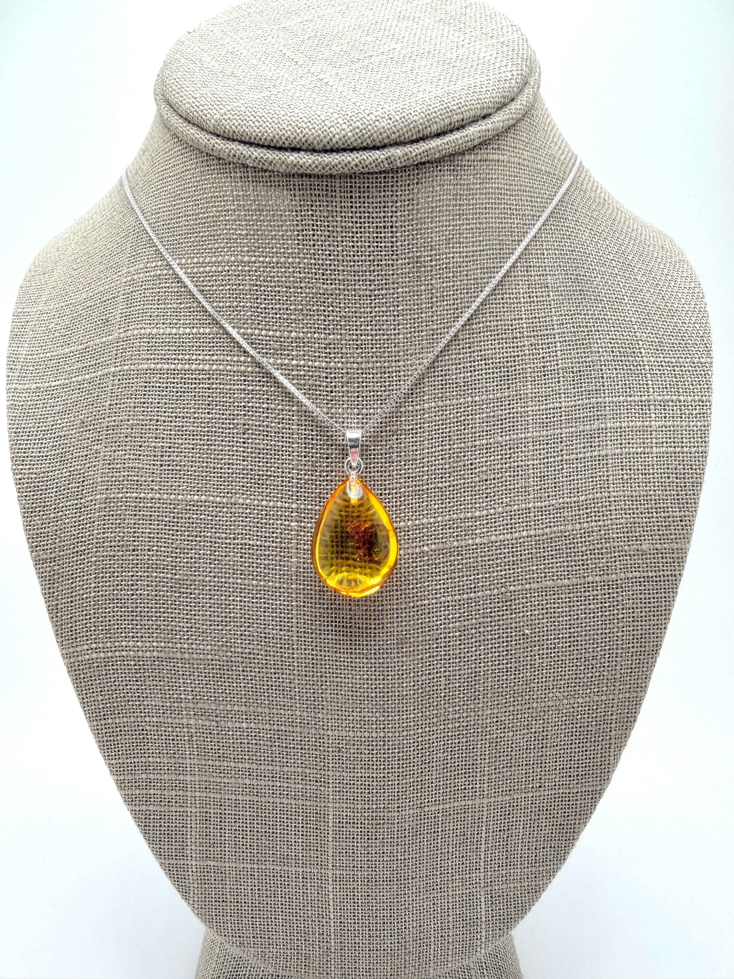 Fossil Inclusion Genuine Baltic Amber & Sterling Silver Lemon Amber Teardrop Pendant