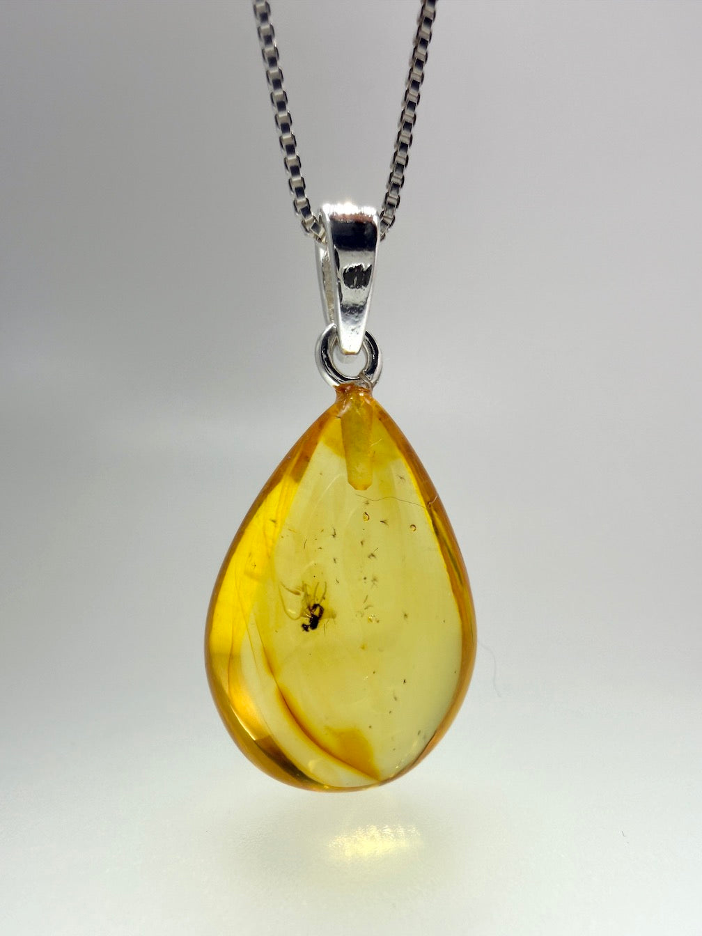 Fossil Inclusion Genuine Baltic Amber & Sterling Silver Lemon Amber Teardrop Pendant