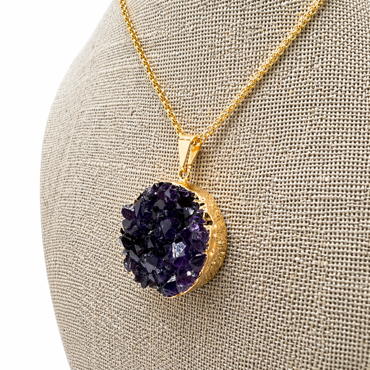 Genuine Amethyst Druzy Pendant Necklace, Gold Plated Chain, Round Purple Crystal Pendant, Handmade in Brazil