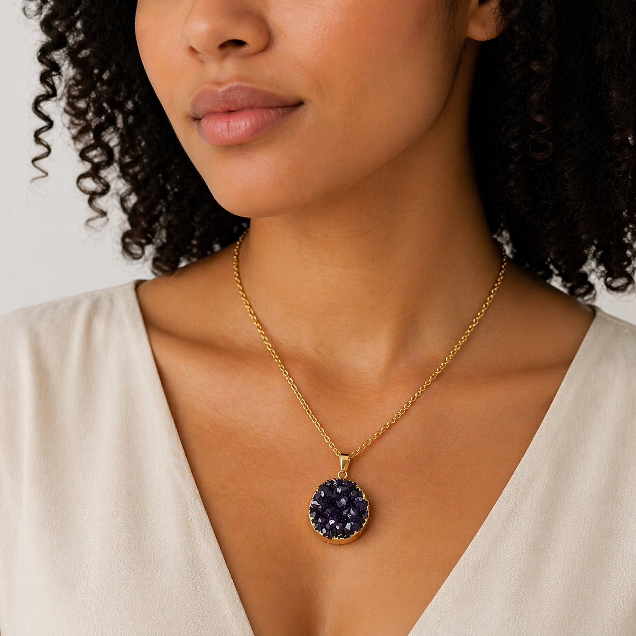 Genuine Amethyst Druzy Pendant Necklace, Gold Plated Chain, Round Purple Crystal Pendant, Handmade in Brazil