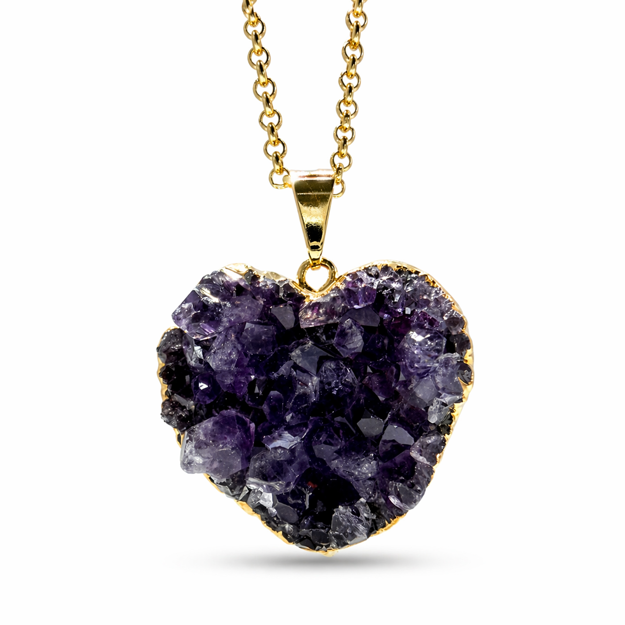 Genuine Amethyst Heart Pendant Necklace, Gold Plated Chain, Purple Druzy Crystal Heart, Handmade in Brazil, Natural Amethyst Jewelry Gift
