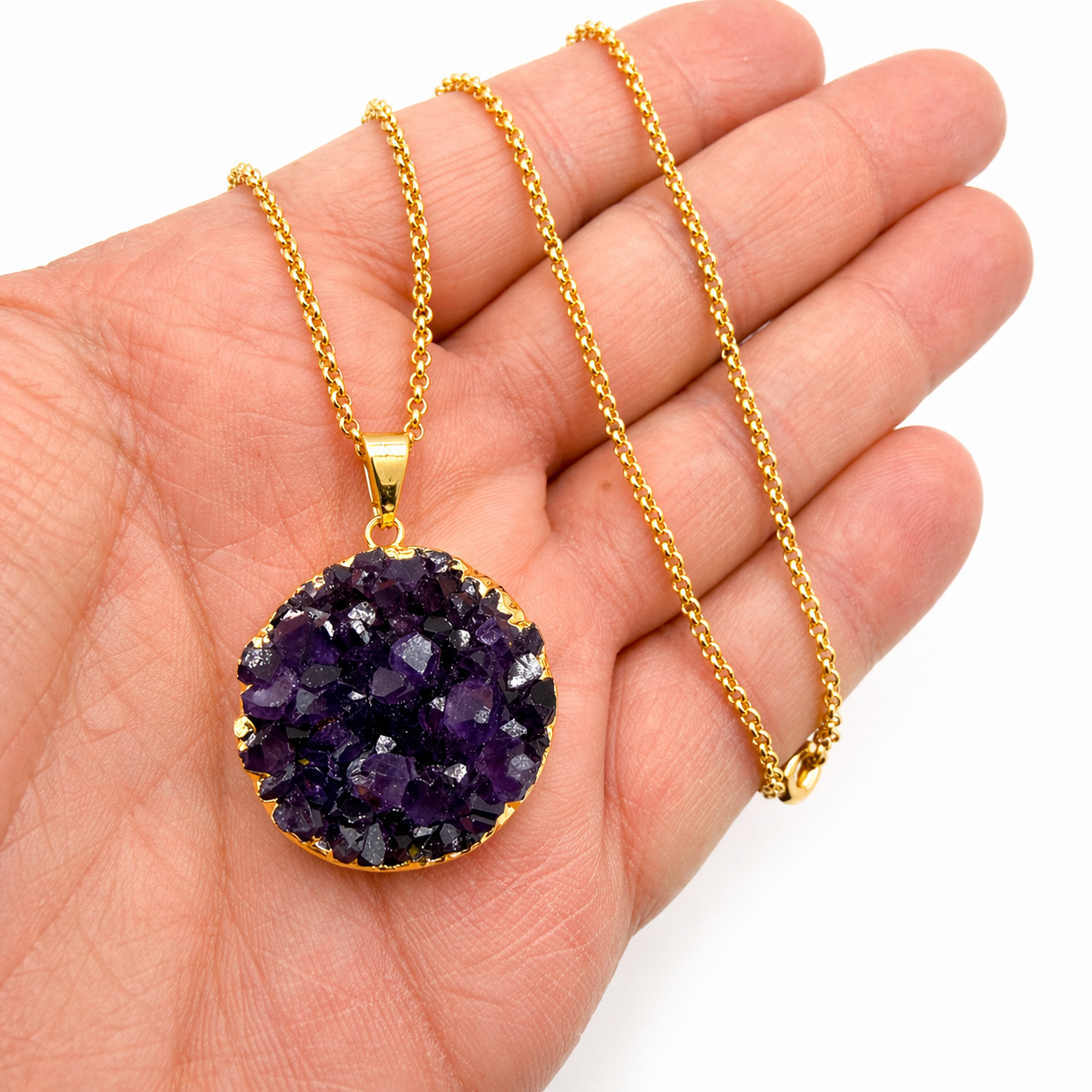 Genuine Amethyst Druzy Pendant Necklace, Gold Plated Chain, Round Purple Crystal Pendant, Handmade in Brazil