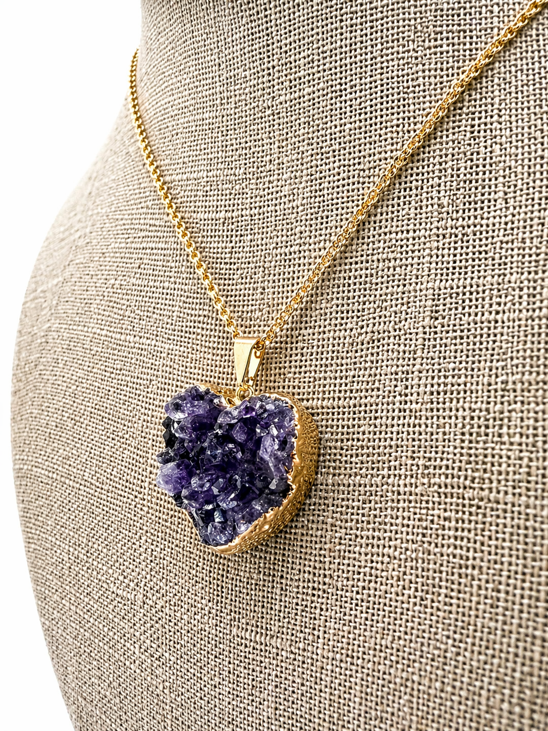 Genuine Amethyst Heart Pendant Necklace, Gold Plated Chain, Purple Druzy Crystal Heart, Handmade in Brazil, Natural Amethyst Jewelry Gift