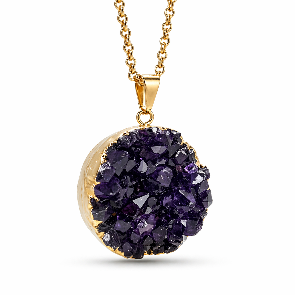 Genuine Amethyst Druzy Pendant Necklace, Gold Plated Chain, Round Purple Crystal Pendant, Handmade in Brazil