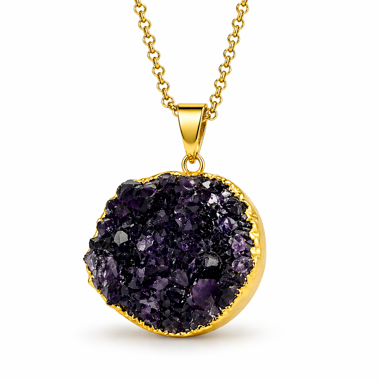 Genuine Amethyst Druzy Pendant Necklace, Gold Plated Chain, Round Purple Crystal Pendant, Handmade in Brazil