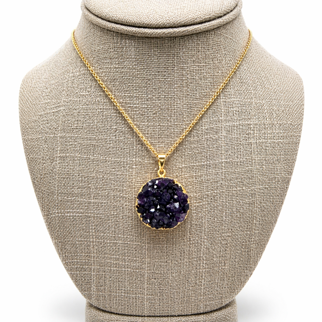 Genuine Amethyst Druzy Pendant Necklace, Gold Plated Chain, Round Purple Crystal Pendant, Handmade in Brazil