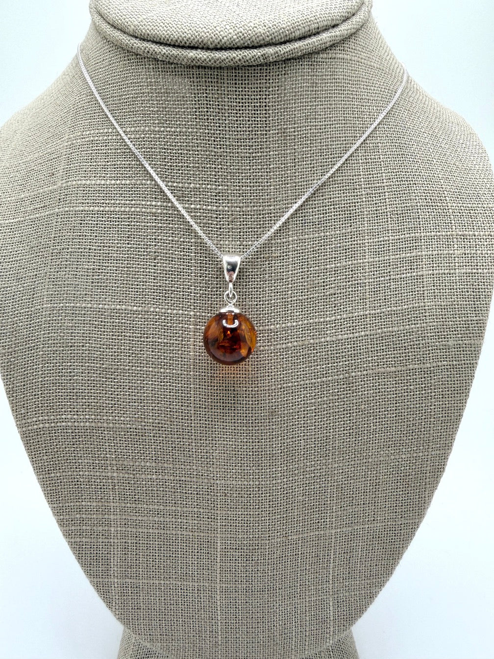 Genuine Baltic Amber Ball Pendant – Sterling Silver Honey Amber Sphere Necklace on Box Chain