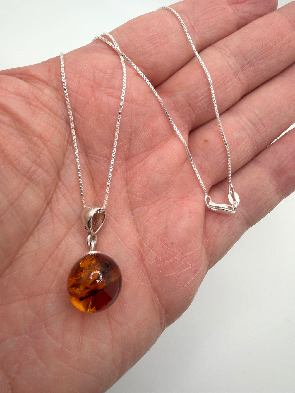 Genuine Baltic Amber Ball Pendant – Sterling Silver Honey Amber Sphere Necklace on Box Chain