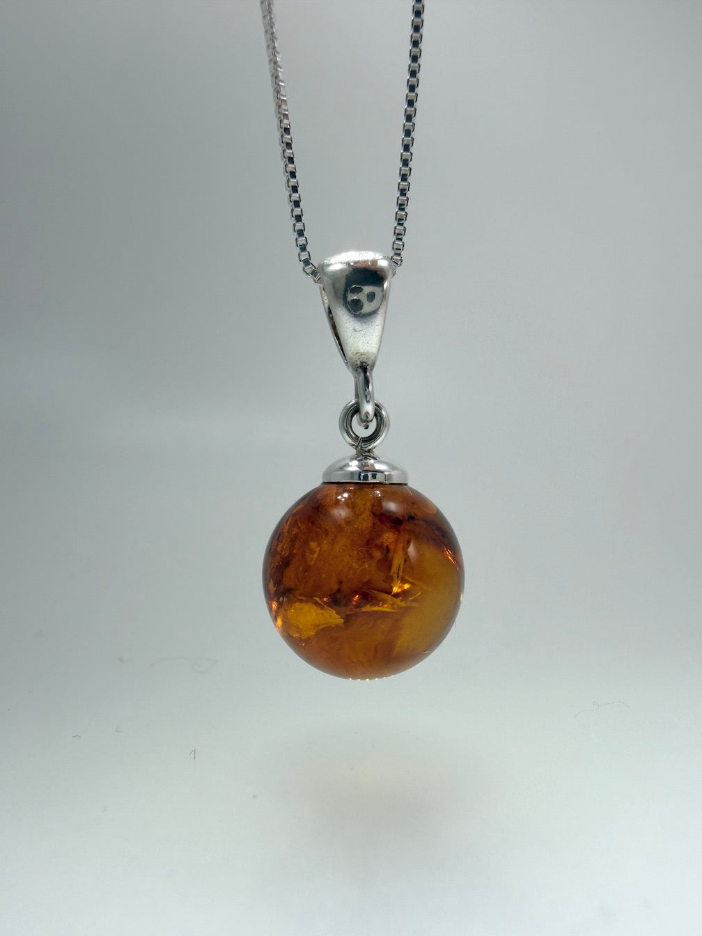 Genuine Baltic Amber Ball Pendant – Sterling Silver Honey Amber Sphere Necklace on Box Chain