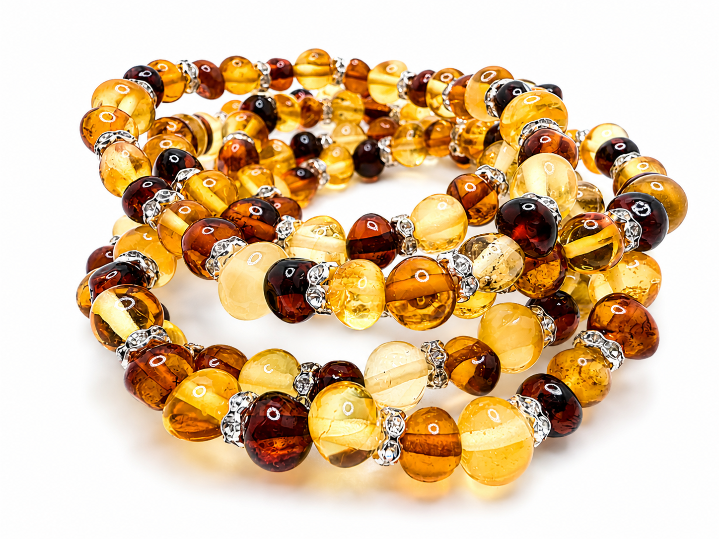 Genuine Baltic Amber Baroque Stretch Bracelet with CZ Spacers – Multicolor Lemon, Honey & Cherry | Lightweight Everyday Jewelry | Stackable Style