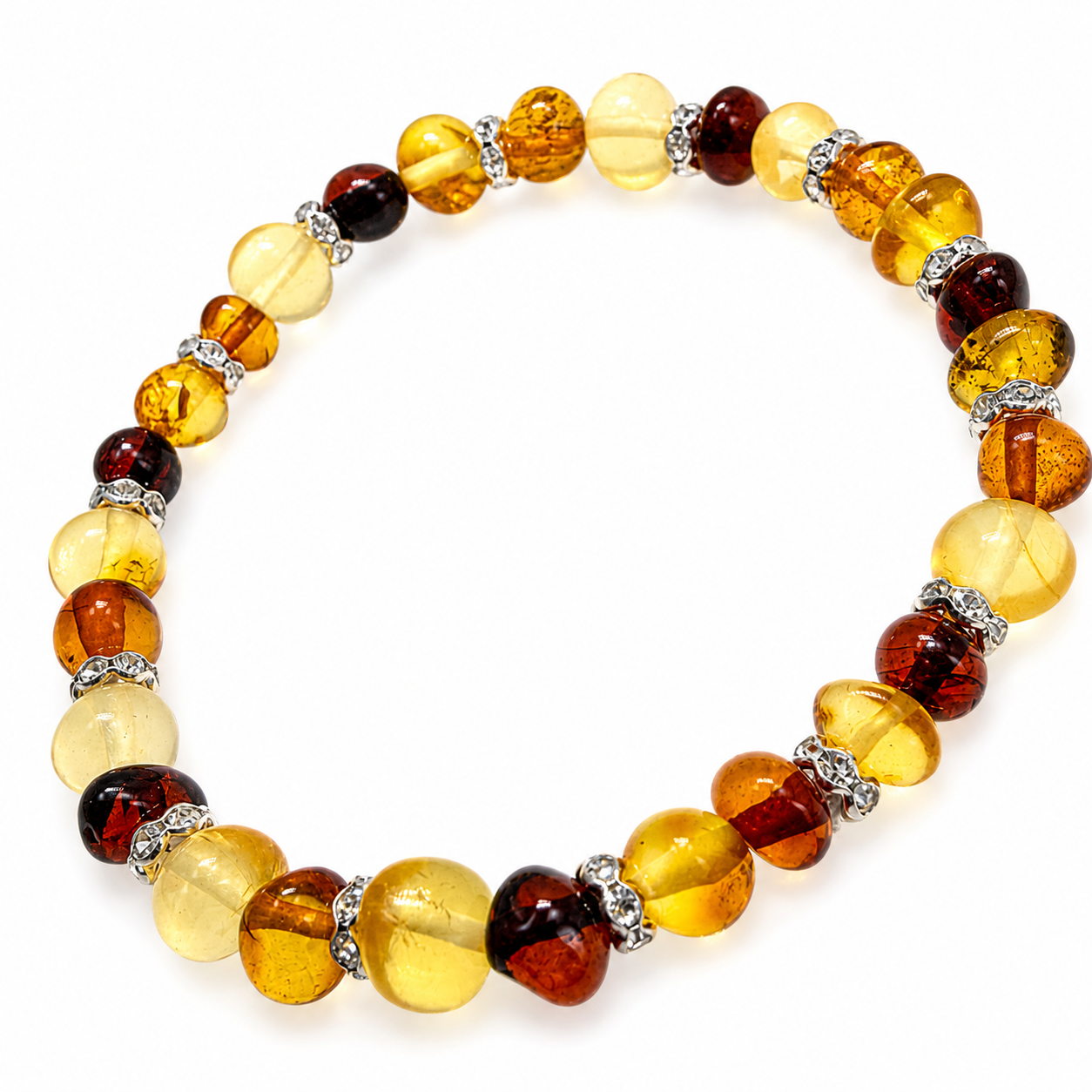 Genuine Baltic Amber Baroque Stretch Bracelet with CZ Spacers – Multicolor Lemon, Honey & Cherry | Lightweight Everyday Jewelry | Stackable Style