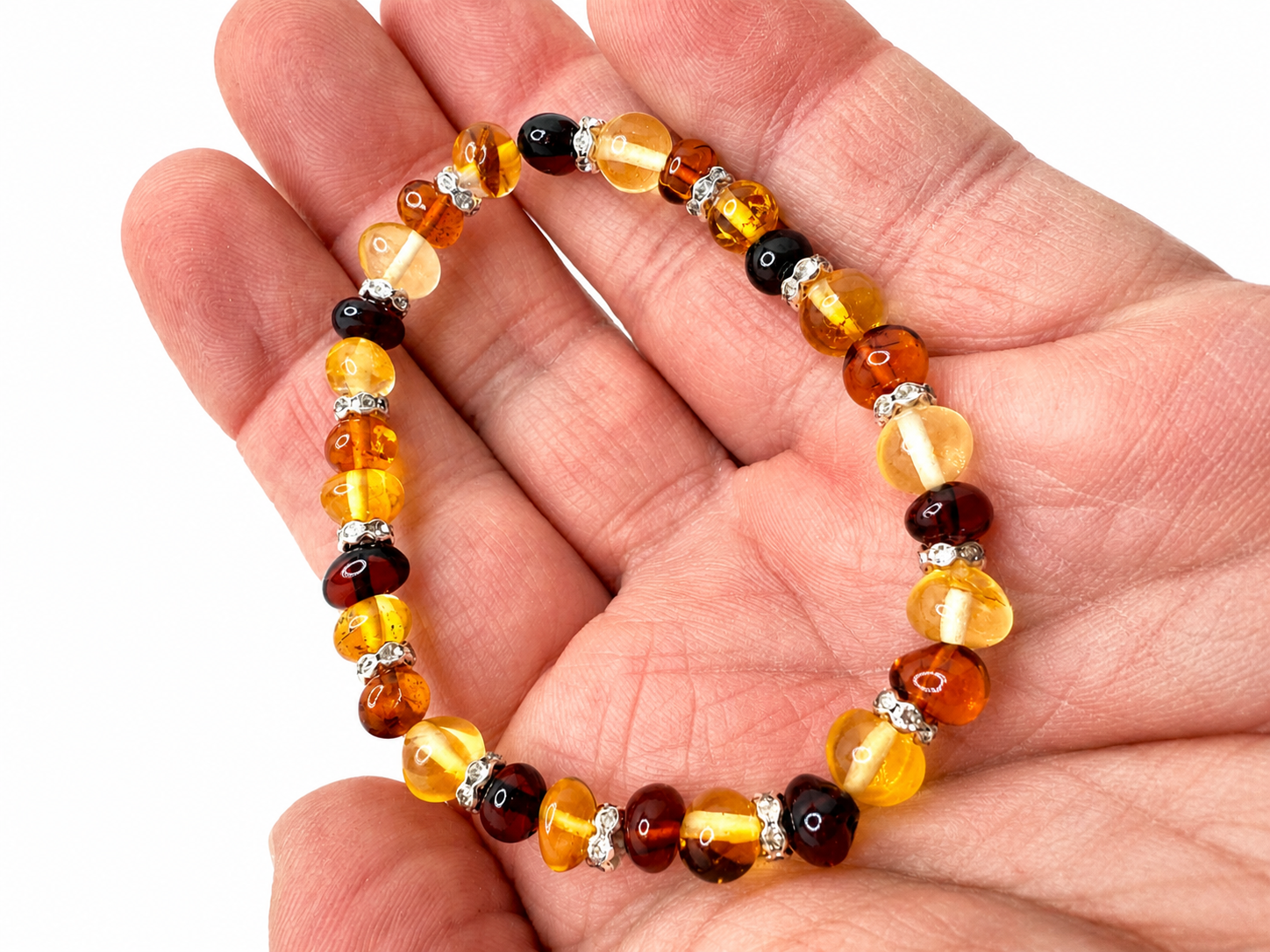 Genuine Baltic Amber Baroque Stretch Bracelet with CZ Spacers – Multicolor Lemon, Honey & Cherry | Lightweight Everyday Jewelry | Stackable Style