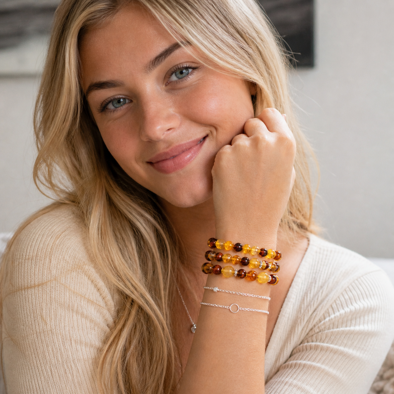 Genuine Baltic Amber Baroque Stretch Bracelet with CZ Spacers – Multicolor Lemon, Honey & Cherry | Lightweight Everyday Jewelry | Stackable Style