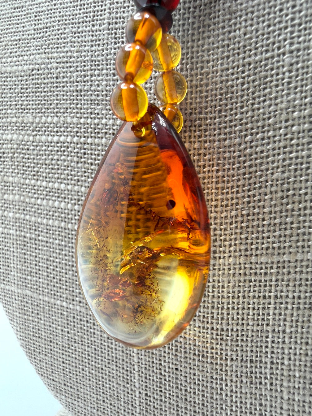 Genuine Baltic Amber Bead Necklace with Teardrop Pendant - Ombre Rainbow Amber, Long Statement Necklace