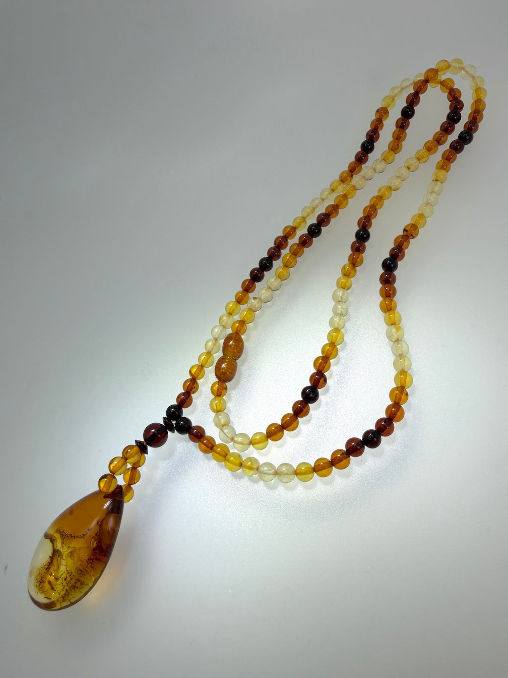 Genuine Baltic Amber Bead Necklace with Teardrop Pendant - Ombre Rainbow Amber, Long Statement Necklace