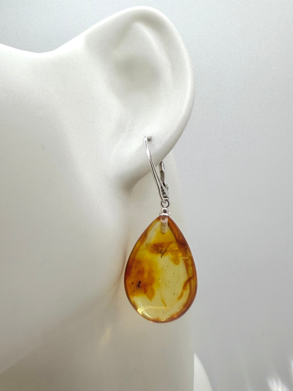 Genuine Baltic Amber Bug Inclusion Earrings • Sterling Silver Lever Back