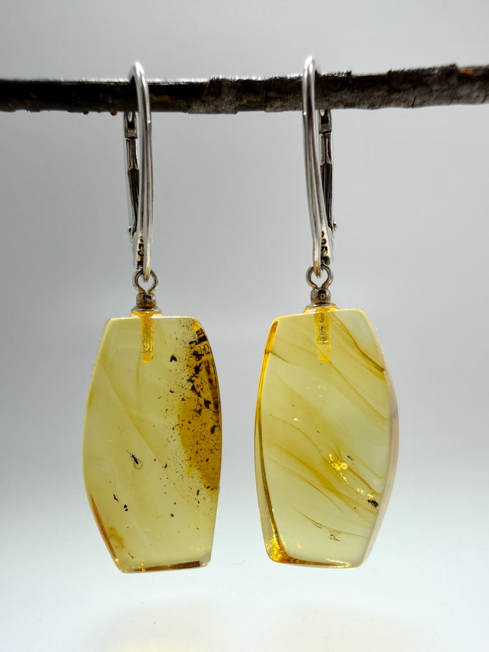 Genuine Baltic Amber Bug Inclusion Earrings • Sterling Silver Lever Back