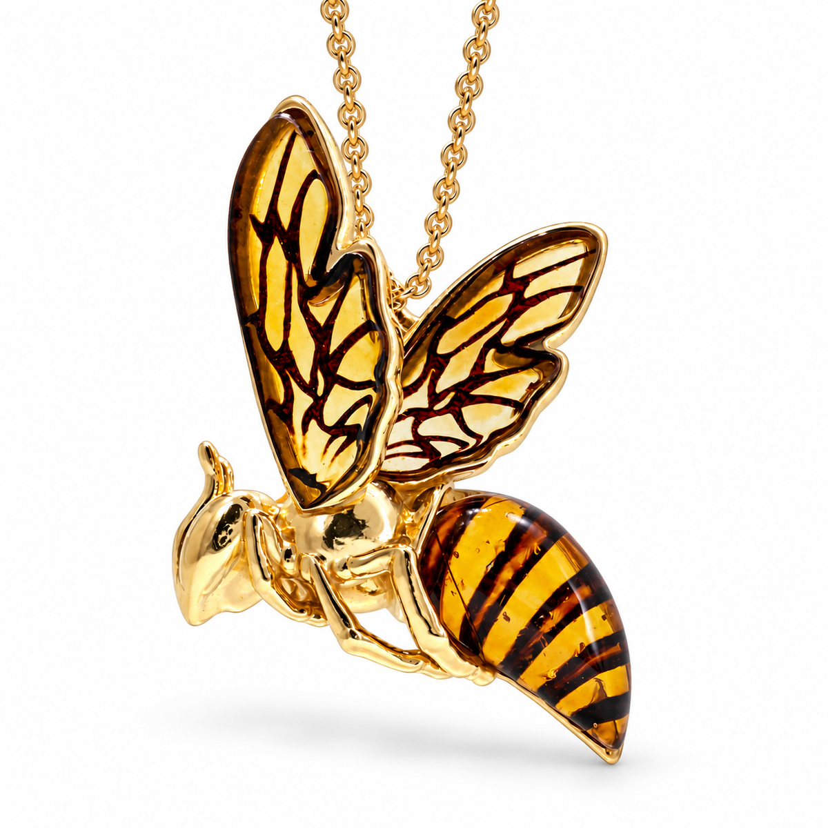 Genuine Baltic Amber Bumblebee Pendant Necklace, Gold Plated Brass Bee Necklace
