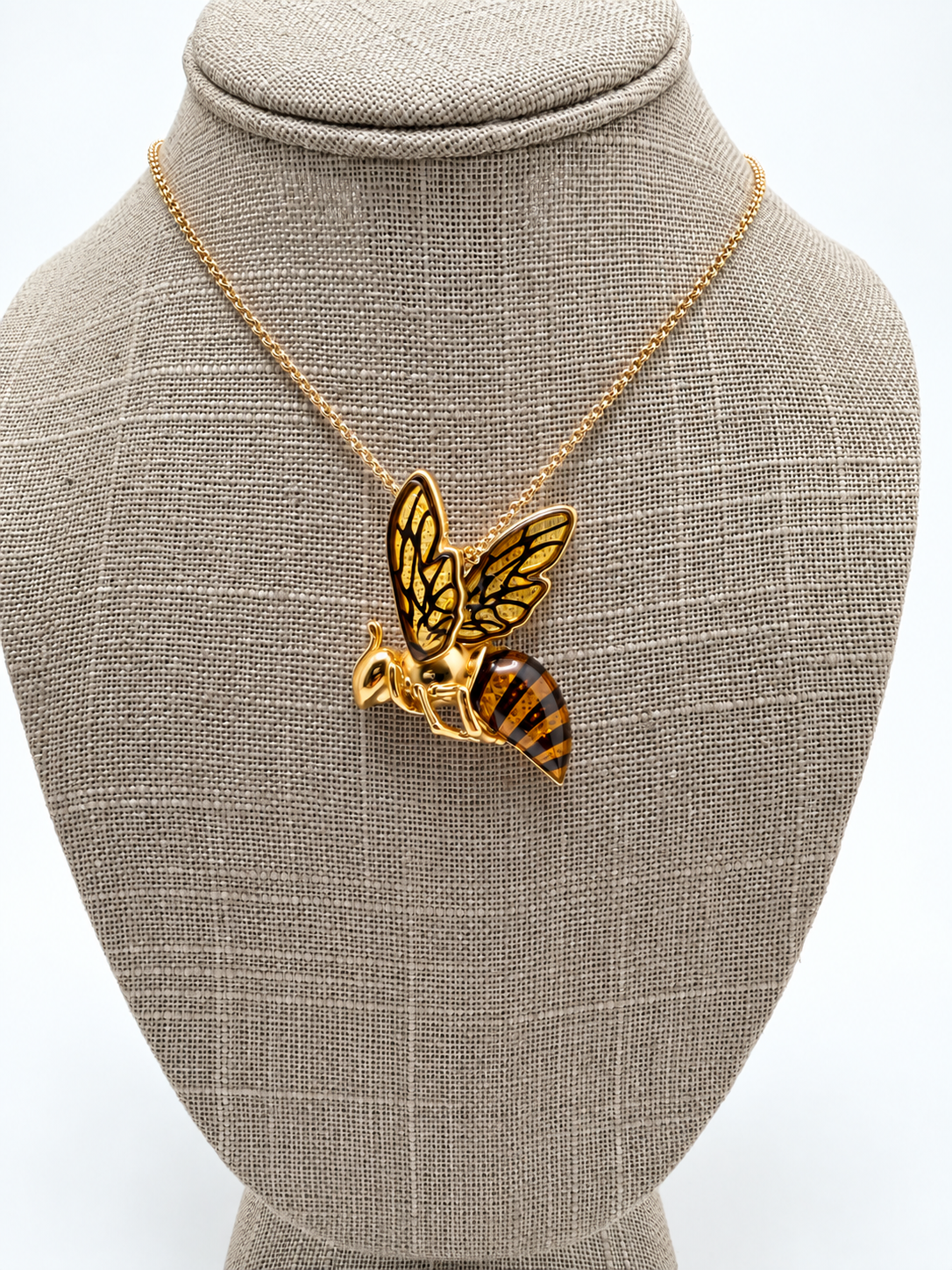 Genuine Baltic Amber Bumblebee Pendant Necklace, Gold Plated Brass Bee Necklace