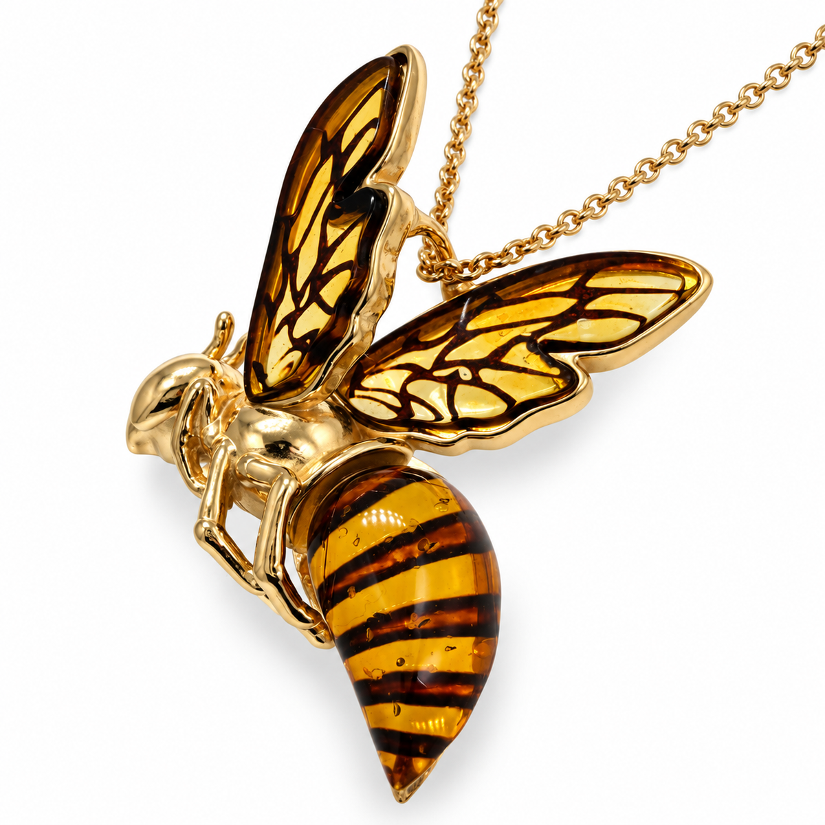 Genuine Baltic Amber Bumblebee Pendant Necklace, Gold Plated Brass Bee Necklace