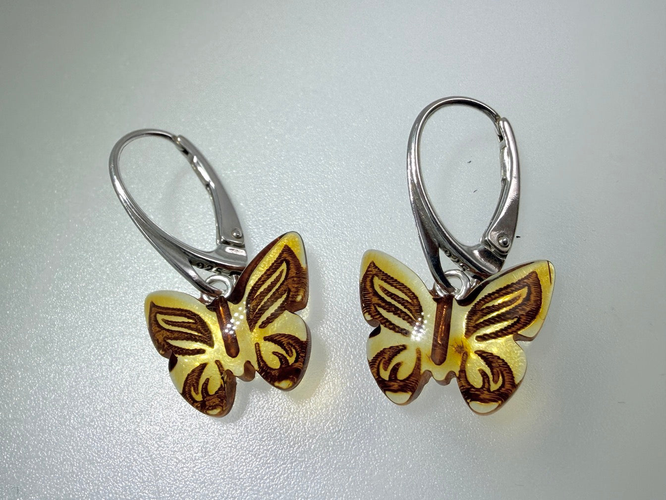 Handmade in Lithuania – Genuine Baltic Amber Butterfly Lever-Back Earrings