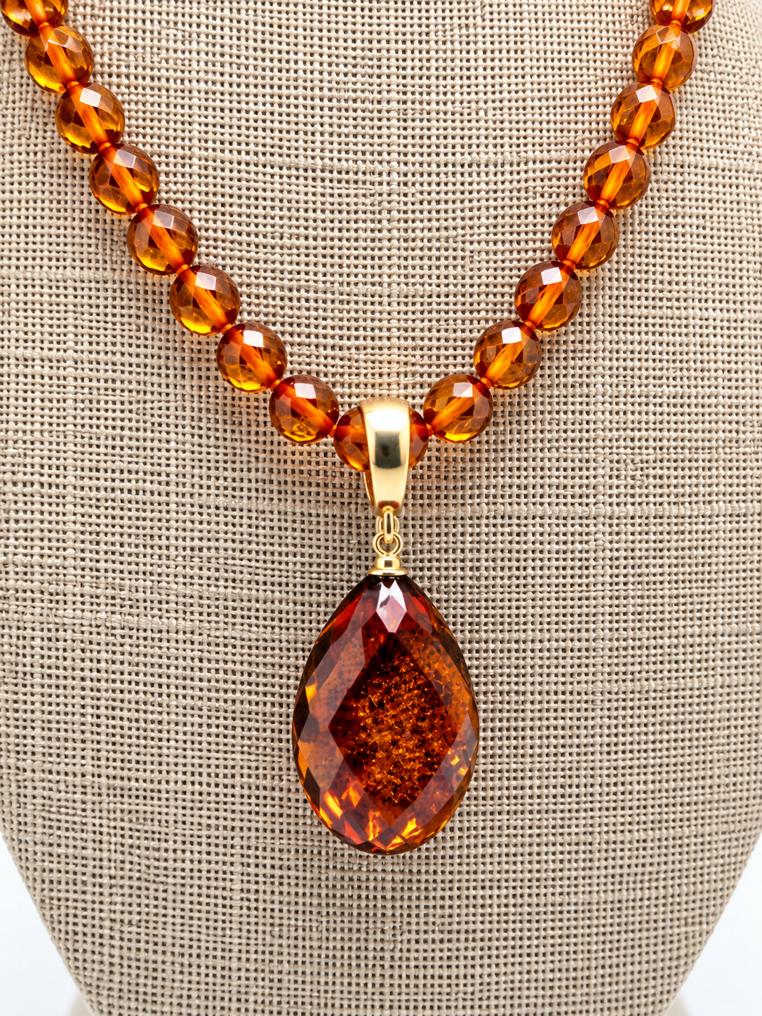 Genuine Baltic Amber Faceted Bead Necklace with Removable Teardrop Pendant