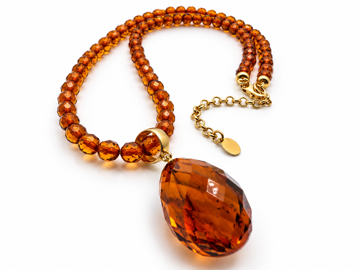 Genuine Baltic Amber Faceted Bead Necklace with Removable Teardrop Pendant