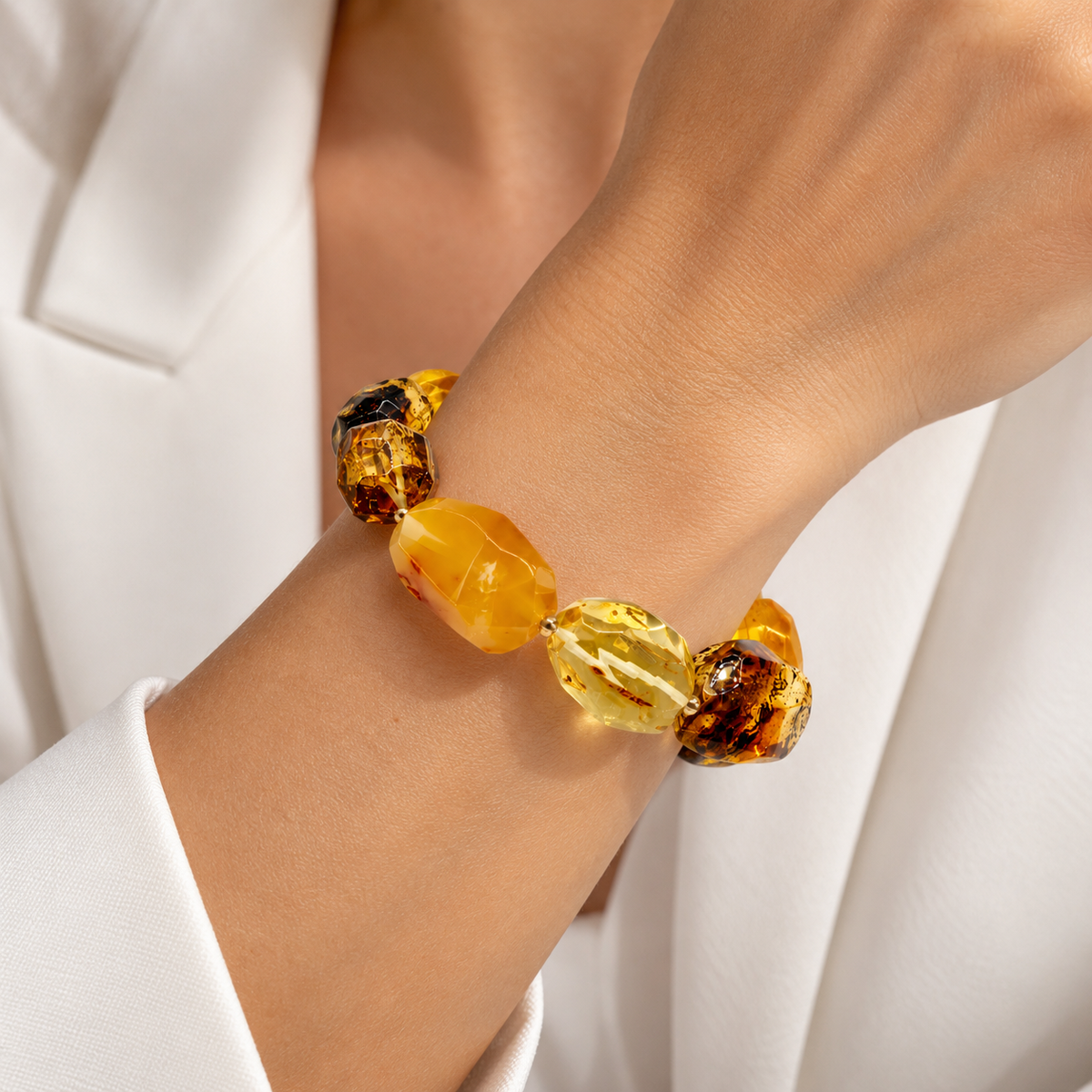 Genuine Baltic Amber Faceted Chunk Stretch Bracelet