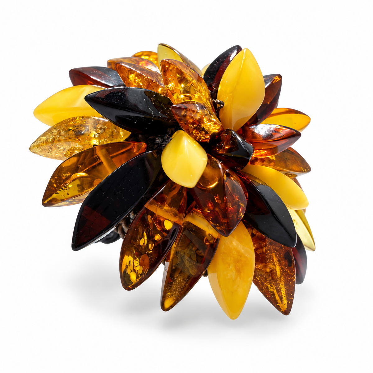 Genuine Baltic Amber Flower Ring, Multicolor Amber Statement Ring