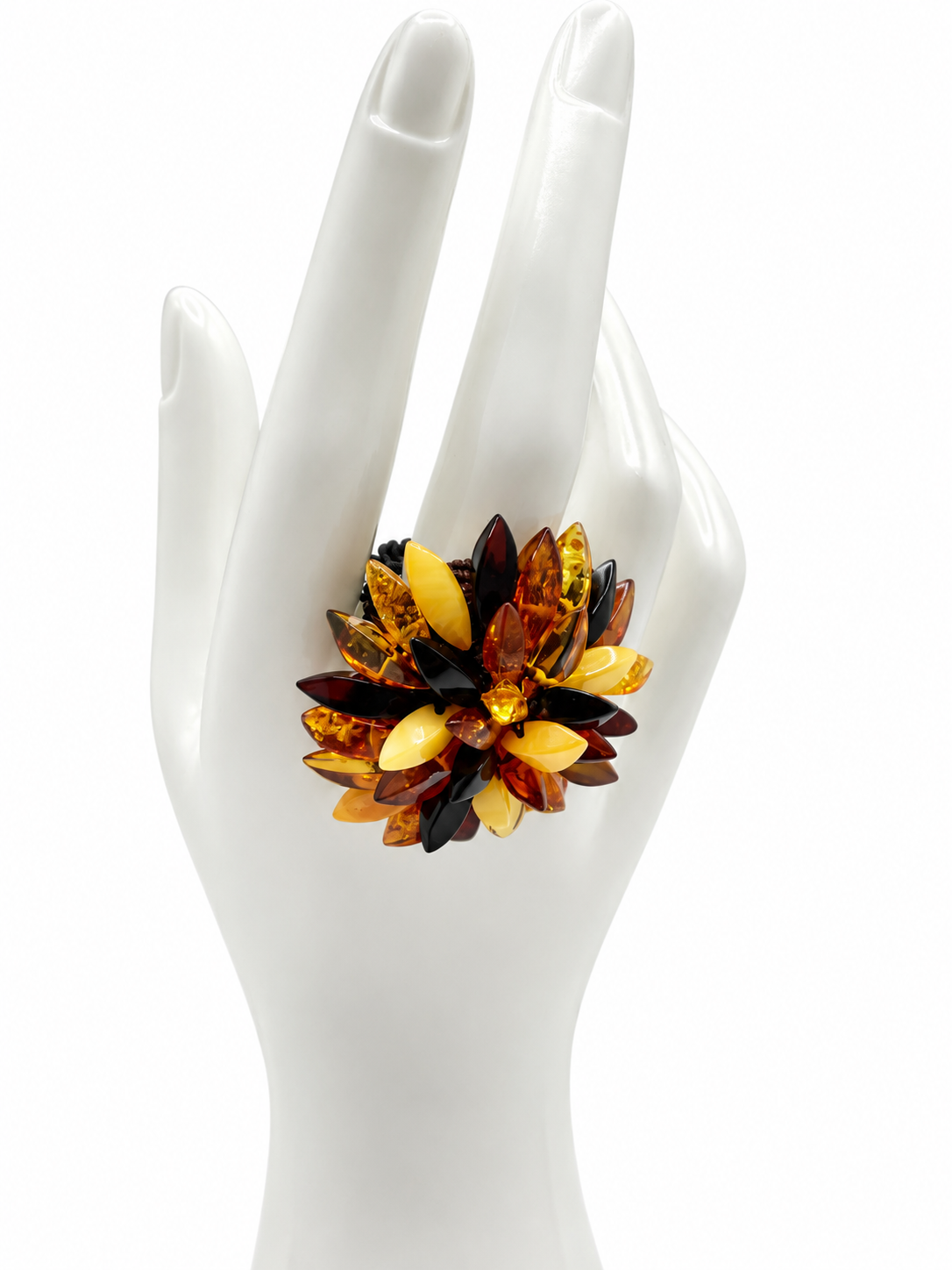 Genuine Baltic Amber Flower Ring, Multicolor Amber Statement Ring