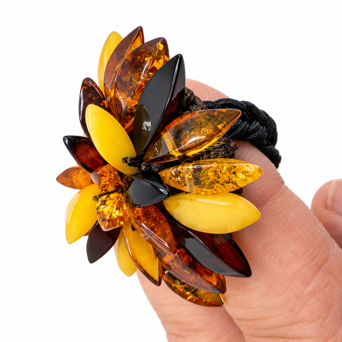 Genuine Baltic Amber Flower Ring, Multicolor Amber Statement Ring